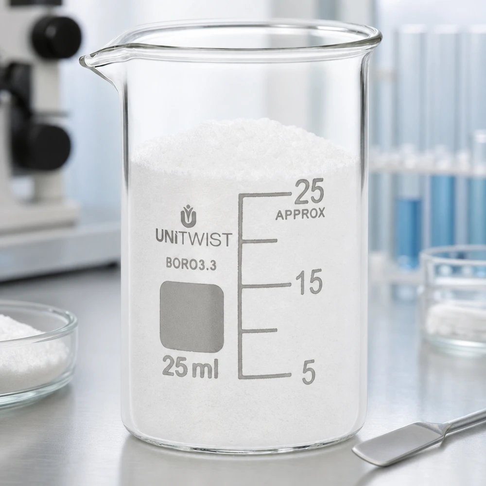 Bägare 25ml borosilikat, lågformad UNiTWIST UNiTWIST-bägare, 25 ml, låg form, fylld med vitt pulver på ett laboratoriebord i rostfritt stål
