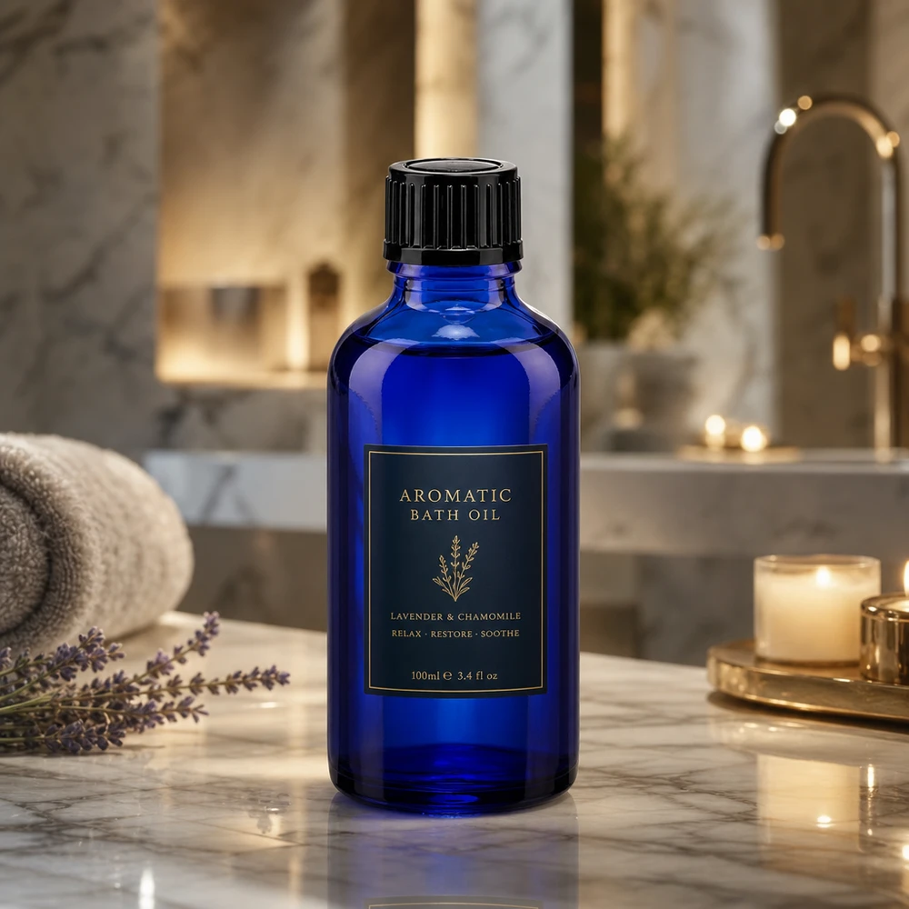 Apoteksflaska blå 50ml skruvkork svart standard Blå apoteksflaska i glas, 50 ml, med svart lock bredvid lavendelplantor på marmor