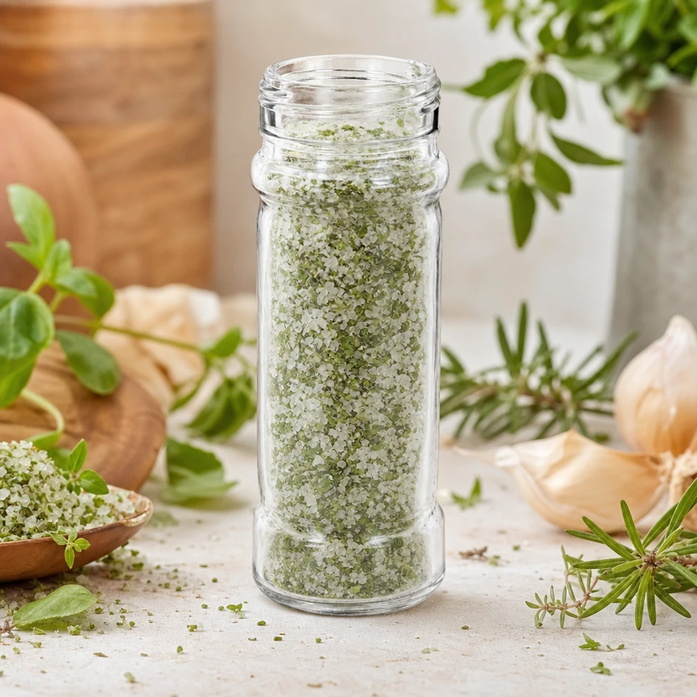 Salt- och kryddburk Mary 100ml, gänga 41mm klarglas Cylindrisk behållare i klart glas, ”Mary”, 100 ml, fylld med örtsalt och omgiven av färsk rosmarin och vitlök