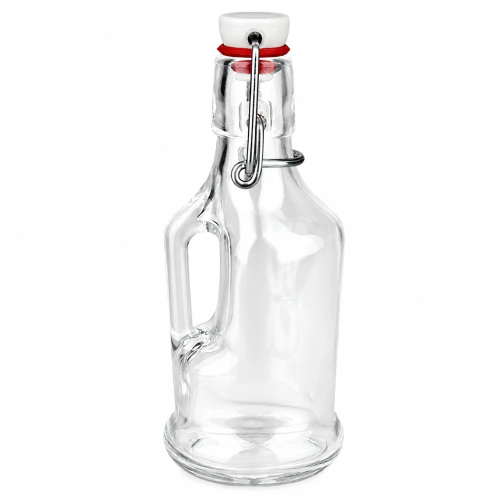 200 ml glasflaska Bertha och porslinsburk UNiTWIST® 200 ml glasflaska Bertha med svängbar topp och handtag i vitt porslin av UNiTW mot en vit bakgrund