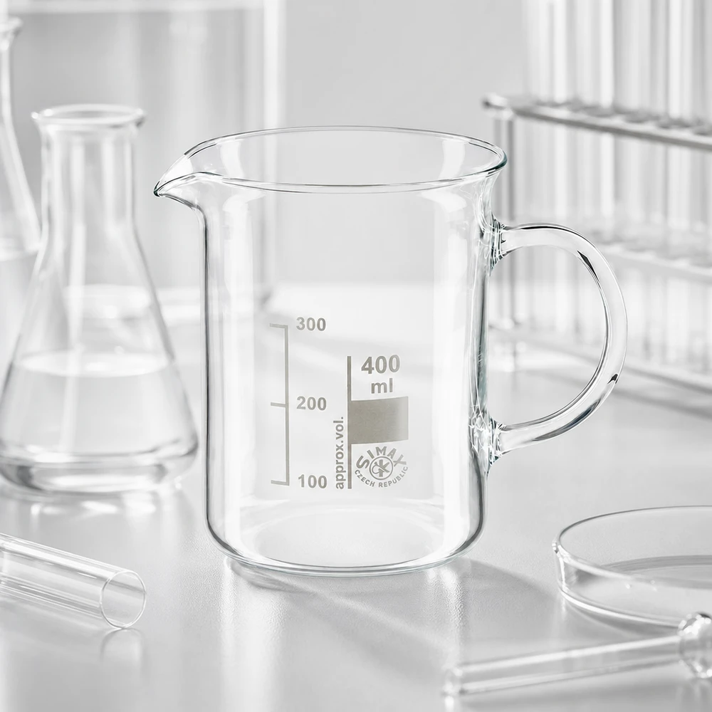 Bägare 400 ml borosilikatglas, med handtag Tomt bägarglas på 400 ml med handtag, tillverkat av klart borosilikatglas, för användning i laboratoriemiljö