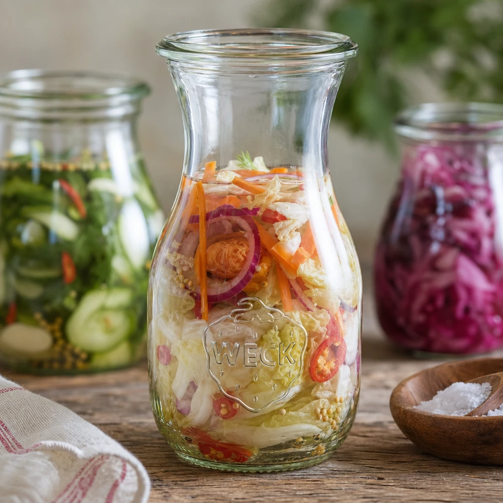 290 ml juiceflaska WECK RR60 WECK juiceflaska 290ml RR60 med fermenterade grönsaker och inlagda gurkor för hälsosam konservering
