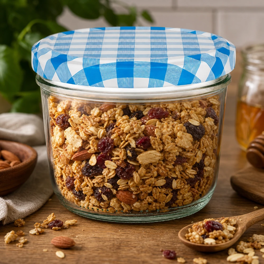 230 ml Krossade glasögon + BasicSeal-lock blå/vit UNiTWIST 230 ml tumlare med BasicSeal-lock blå- och vitrutigt fylld med müsli och nötter som förvaringsburk