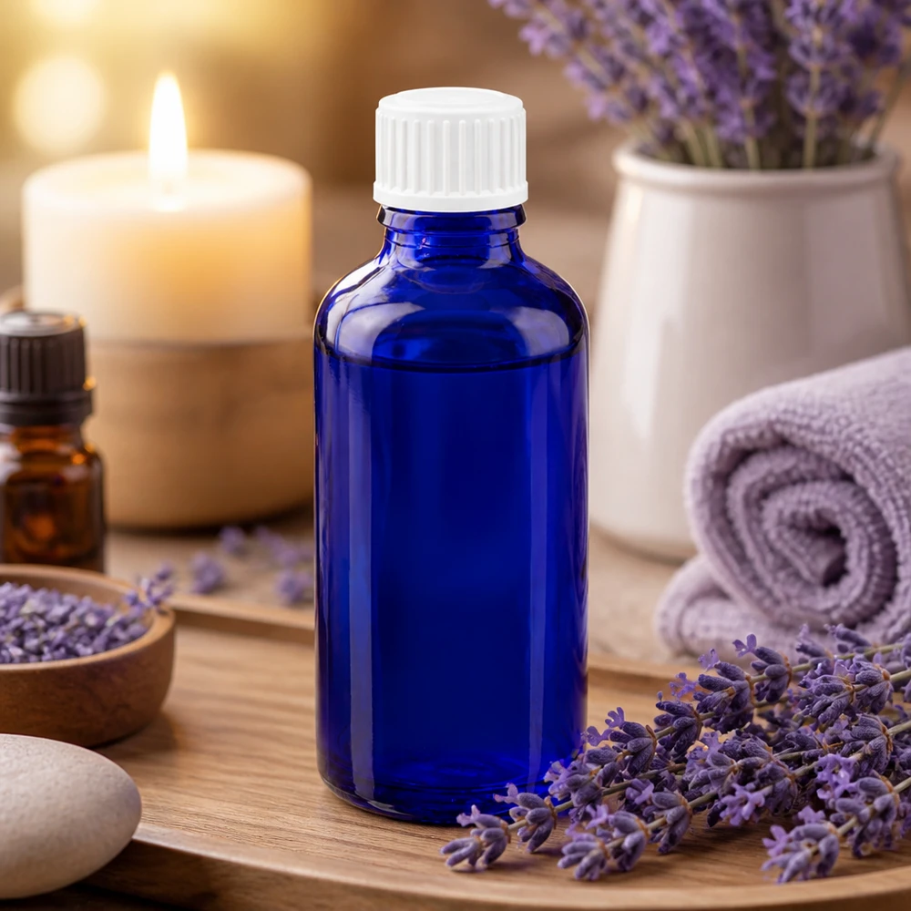Apoteksflaska blå 50ml skruvkork vit standard Blå glasflaska på 50 ml med vit droppflaska, omgiven av lavendelblommor och ljus