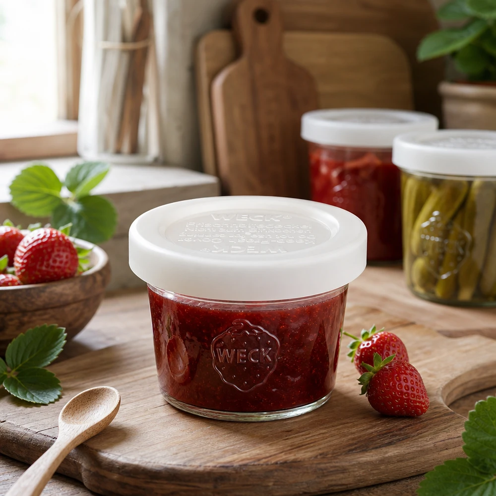 35ml Krossade glasögon med lock för färskhet WECK RR40 WECK 35ml RR40 burk fylld med jordgubbssylt på träskiva, applikationsexempel för små konserveringsburkar