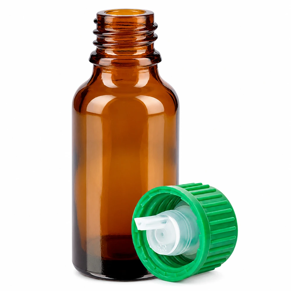 Brun glasflaska 20ml med grönt dropplock 0,8mm öppning för eteriska oljor