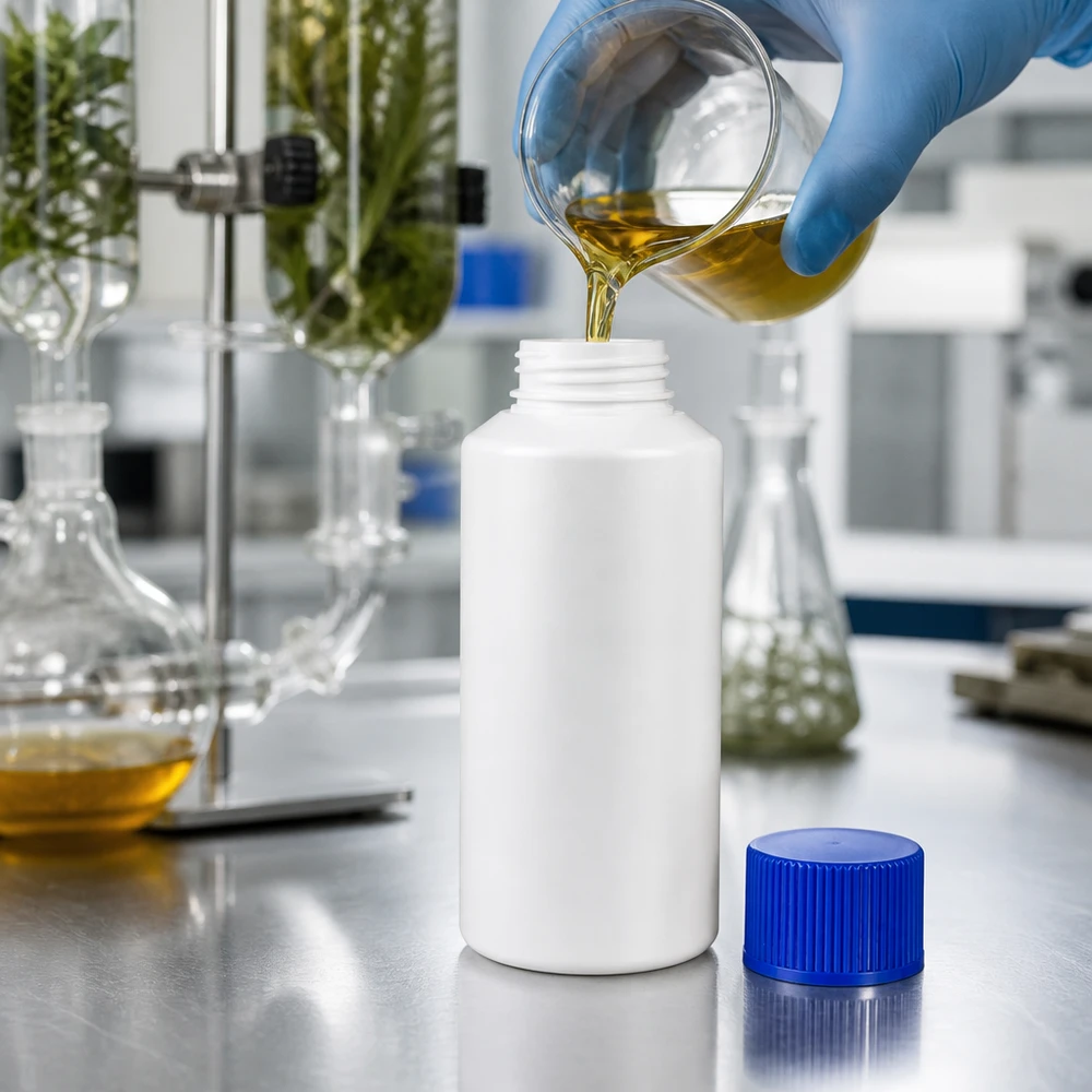 Den gyllene oljan tappas upp i en vit 30 ml HDPE-apotekflaska med blå kork