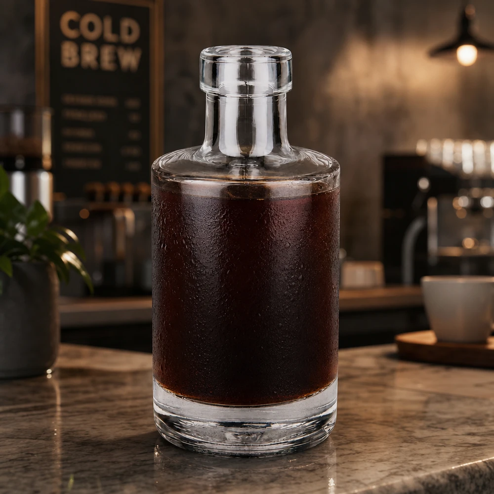 200 ml glasflaska Marie utan lock UNiTWIST® 200 ml glasflaska Marie fylld med kallbryggt kaffe i en modern caféatmosfär Applikationsexempel café