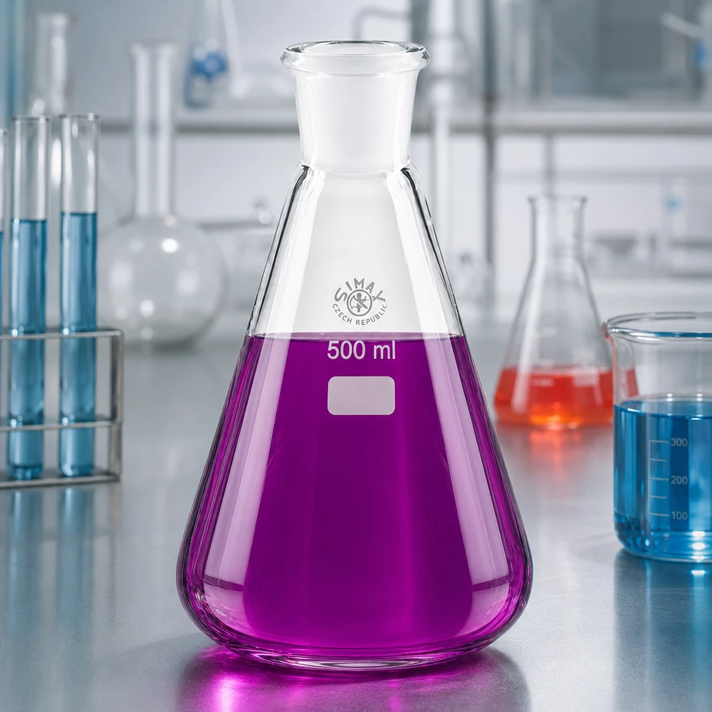 Erlenmeyerkolv 500ml med standardslipad fog (29/32) Violett vätska i 500 ml Erlenmeyerkolv med standardiserad slipad fog 29/32 i laboratoriet