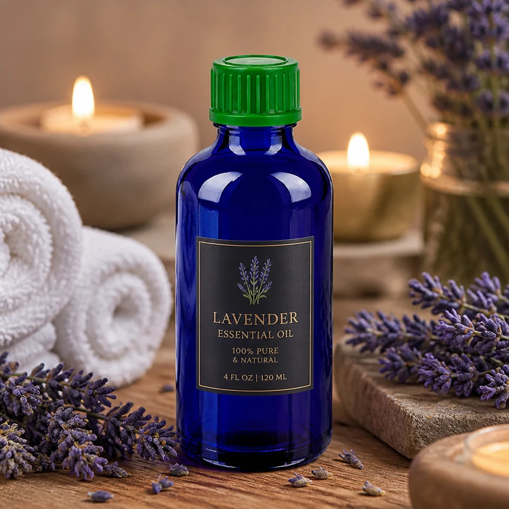 Kompakt 50 ml glasflaska med grönt lock, idealisk för aromaterapi och wellness