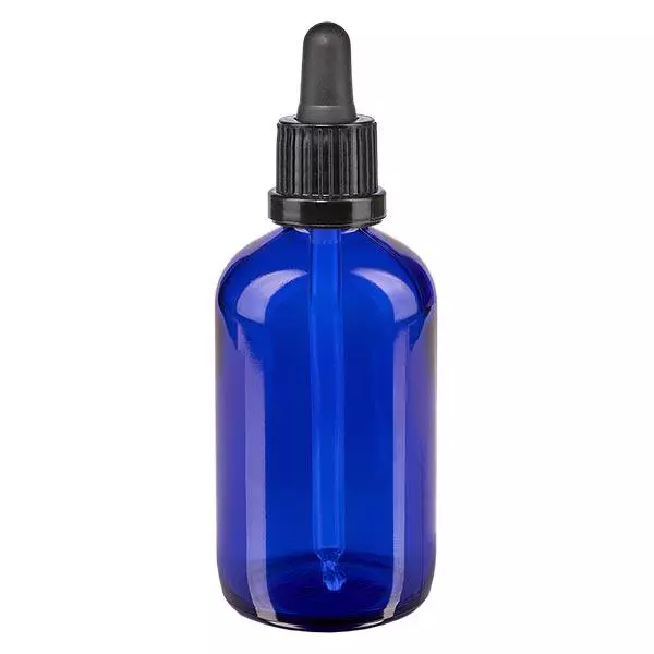 Apoteksflaska blå 100ml pipett svart säkerhetsförslutning Apoteksflaska blå 100ml pipett svart säkerhetsförslutning