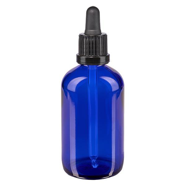 Apoteksflaska blå 100ml pipett svart säkerhetsförslutning Apoteksflaska blå 100ml pipett svart säkerhetsförslutning