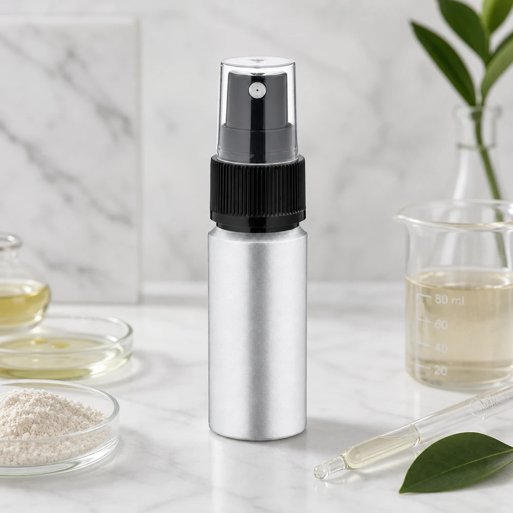 20ml flaska i betad aluminium med atomiserare Högkvalitativ 20 ml sprayflaska i aluminium med pumpspruta för eteriska oljor och serum