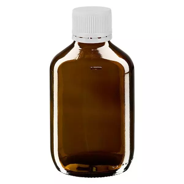 200 ml medicinflaska brun, vitt lock med säkerhetsring ApoGlas 200 ml medicinflaska brun, vitt lock med säkerhetsring ApoGlas