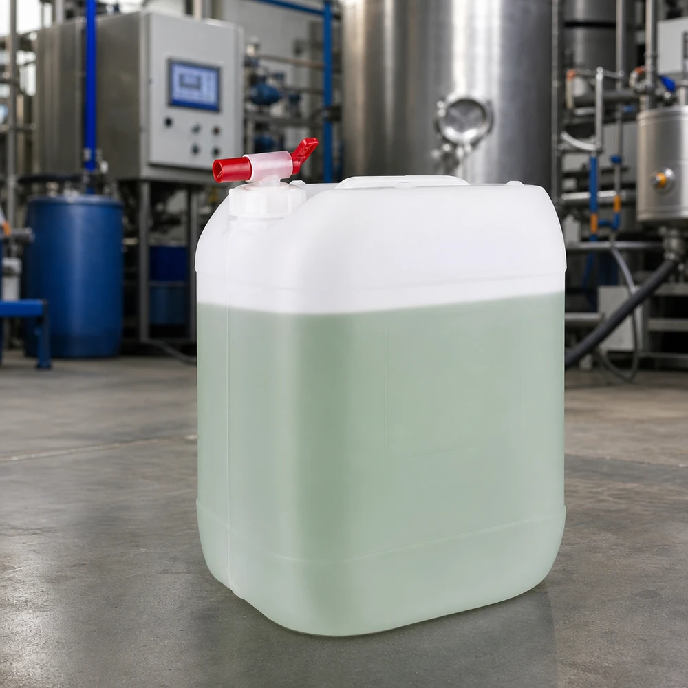 Genomskinlig industrikanister på 20 liter med grön vätska och röd utloppskran