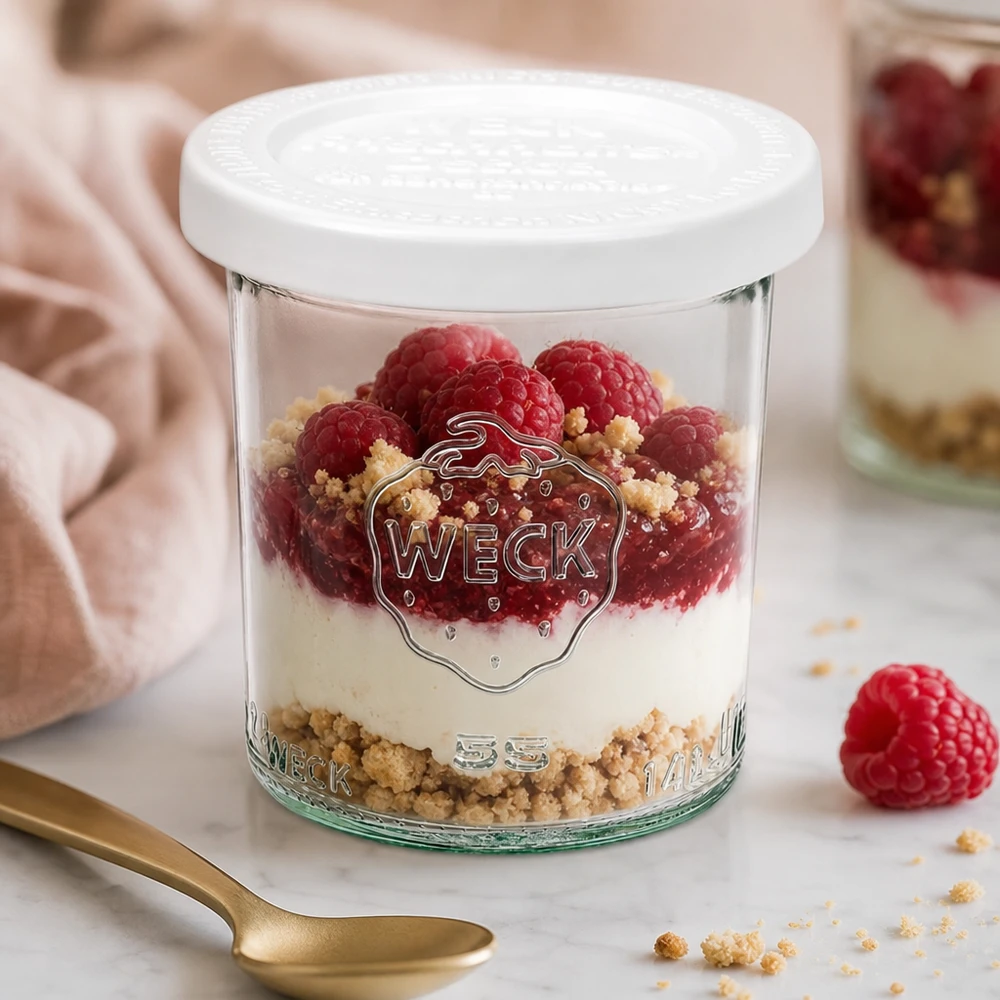 140 ml burk med lock som håller in färskheten, WECK RR60 WECK 140 ml RR60-glas fyllda med hallon och mascarpone - elegant presentation av söta desserter