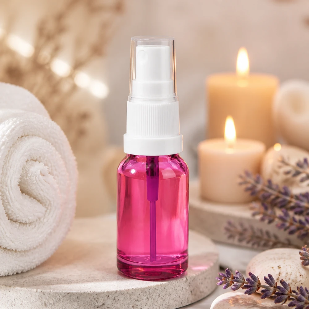 10 ml sprayflaska i glas med elegant lila design, perfekt för DIY-kosmetik och naturkosmetik