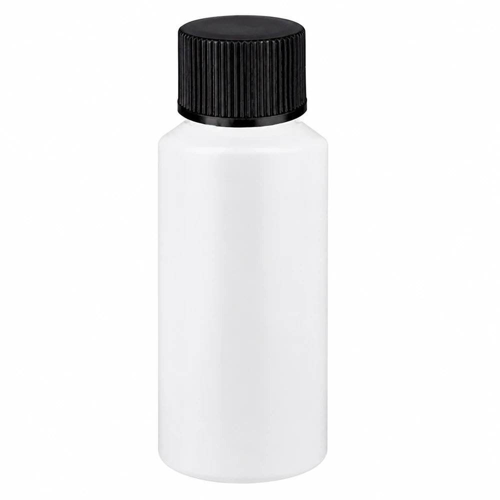 Apoteksflaska HDPE 30ml vit, med svart skruvlock Apoteksflaska i HDPE, 30 ml, vit med svart skruvlock, tillverkad av livsmedelsgodkänd plast