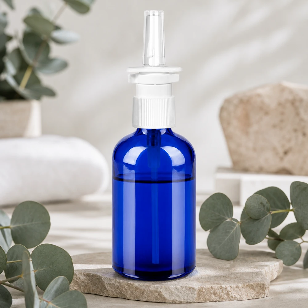 100ml nässprayflaska svart vit/transparent standardlock BlueLine UT18/100 100 ml sprayflaska i djupblå färg med vit pumpspruta för farmaceutiska produkter