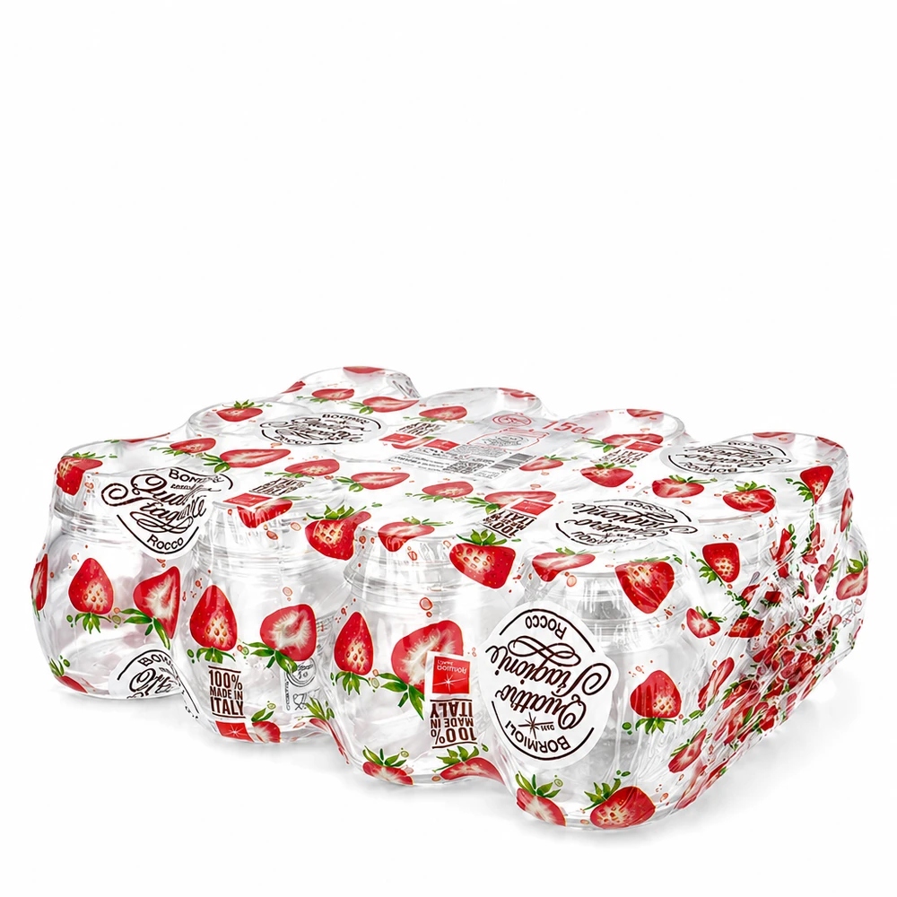 Förpackning med 12 stycken 150 ml Quattro Stagioni konserveringsburkar med jordgubbsdesign och skruvlock för konservering