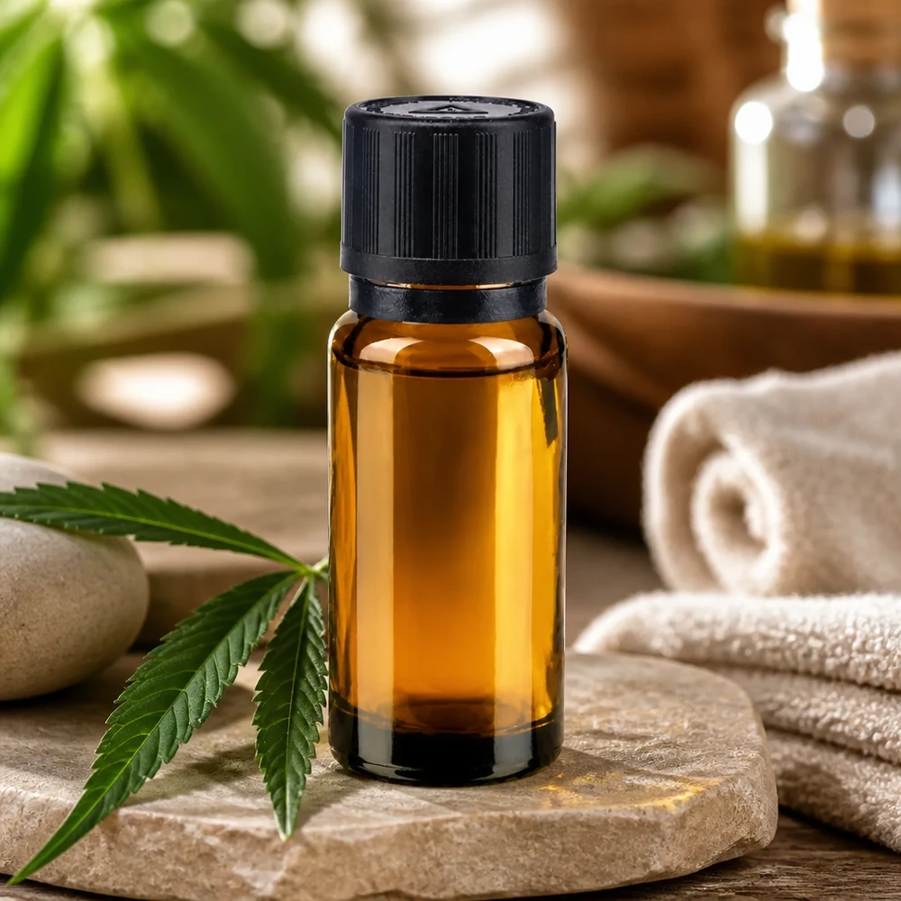 Apoteksflaska brun 10ml dropplock hällring 1mm svart barnsäkerhetslås blind varningssymbol manipuleringssäker förslutning 10 ml droppflaska av apotekerglas med 1 mm öppning bredvid ett cannabisblad och wellnessstenar