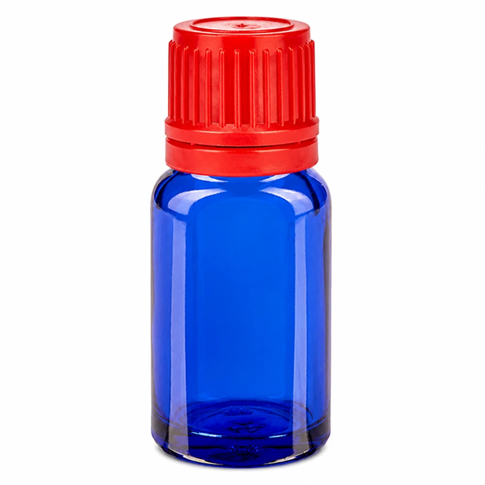 10 ml blå glasflaska med rött skruvlock 11 mm SV för eteriska oljor och tinkturer