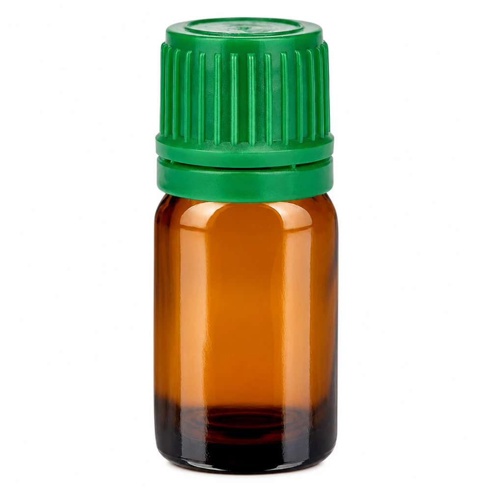 5ml flaska 11mm skruvkork grönt sabotagesäkert lock BrownLine UT18/5 5 ml bärnstensfärgad glasflaska med grönt skruvlock för eteriska oljor och aromaterapi