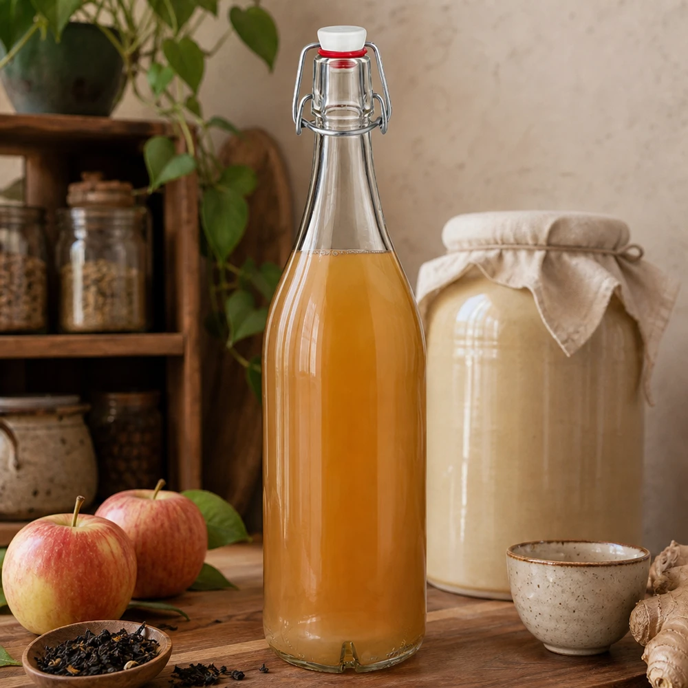 1000ml glasflaska + svängbar topp porslin UNiTWIST 1000 ml glasflaska med svängbart lock fylld med äppeljuice bredvid färska äpplen och kombucha i ett rustikt kök