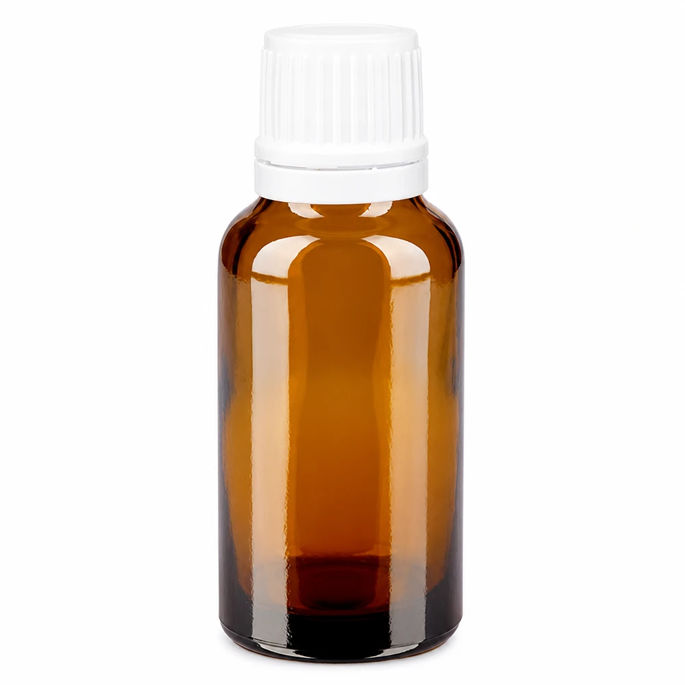 Apoteksflaska brun 20ml med vitt skruvlock och säkerhetsförslutning 20 ml brun apoteksflaska med vitt skruvlock, tillverkad av högkvalitativt brunt glas
