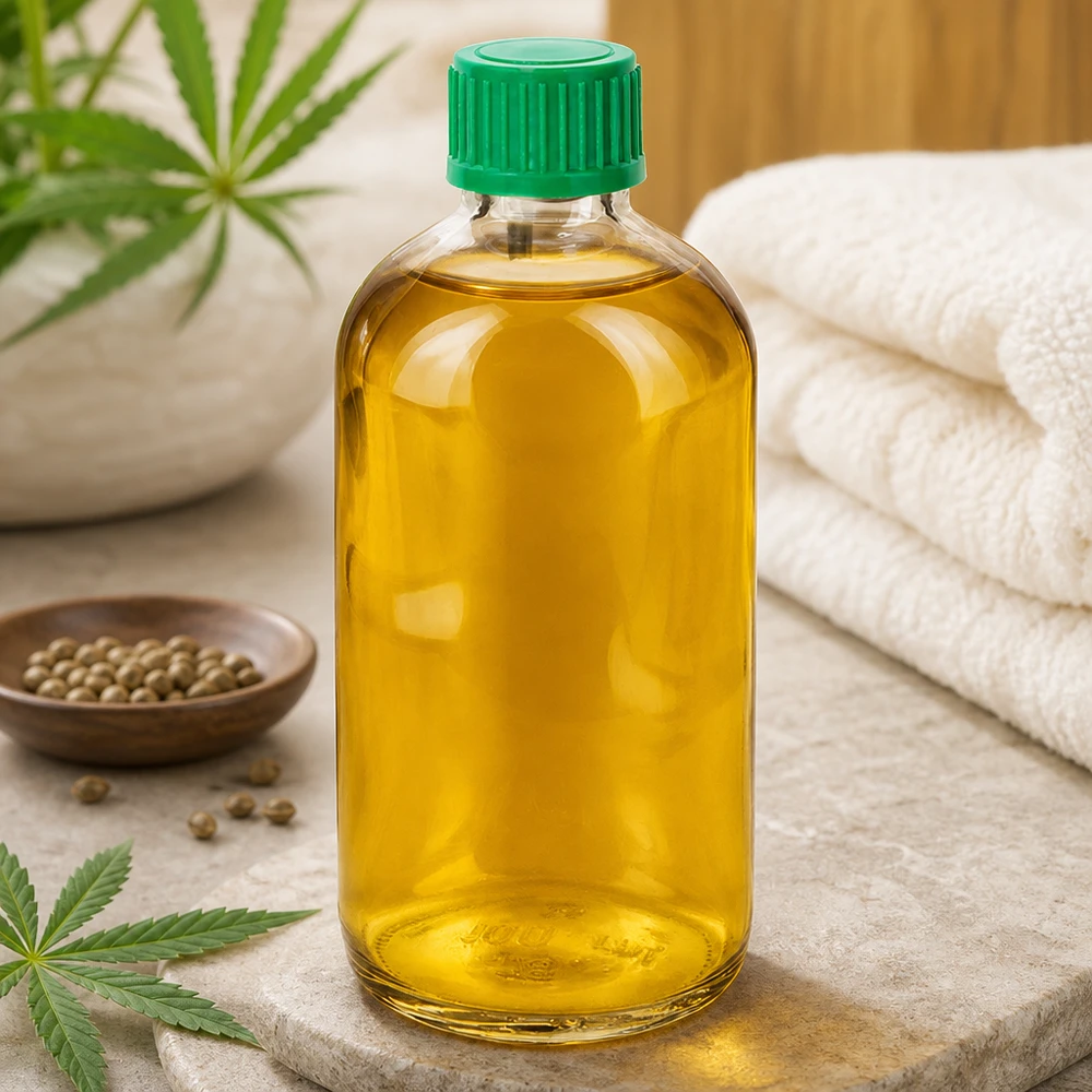 Hampolja i en 100 ml ClearLine-droppflaska UT18 med grönt lock och hampablad