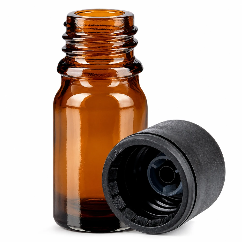 5 ml aromaterapiflaska av brunt glas med barnsäkert lock 6 mm öppning