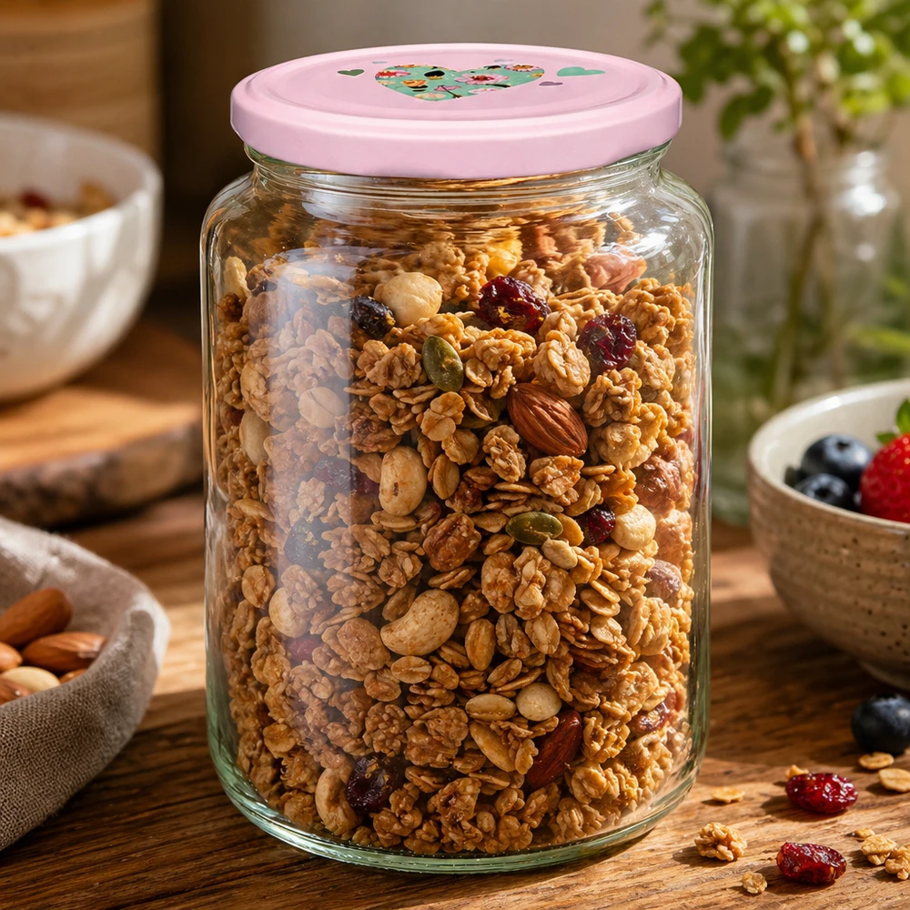 795 ml rund burk + BasicSeal-lock hjärtrosa UNiTWIST Rundglas 795ml mit rosa Herzdeckel gefüllt mit Müsli Nüssen und Trockenfrüchten als praktisches Vorratsglas für Küche