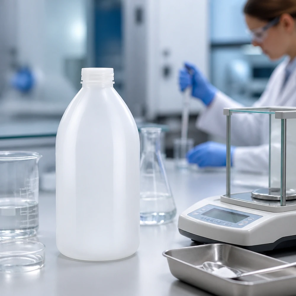 En vit laboratorieflaska med smal hals på 1 000 ml bredvid en analysvåg och en Erlenmeyerkolv i laboratoriet