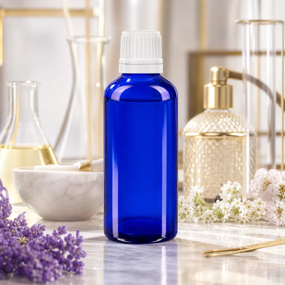 Apoteksflaska blå 50ml droppflaska 1,2mm vit barnsäker förslutning Blå glasflaska på 50 ml med vit droppinsats på 0,7 mm för exakt dosering