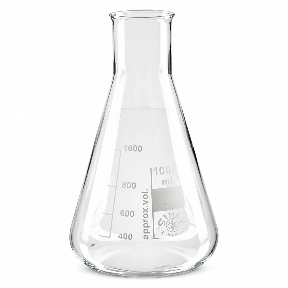 Erlenmeyerkolv 200ml bred hals Erlenmeyerkolv 200 ml med vid hals tillverkad av borosilikatglas för laboratoriebruk och experiment