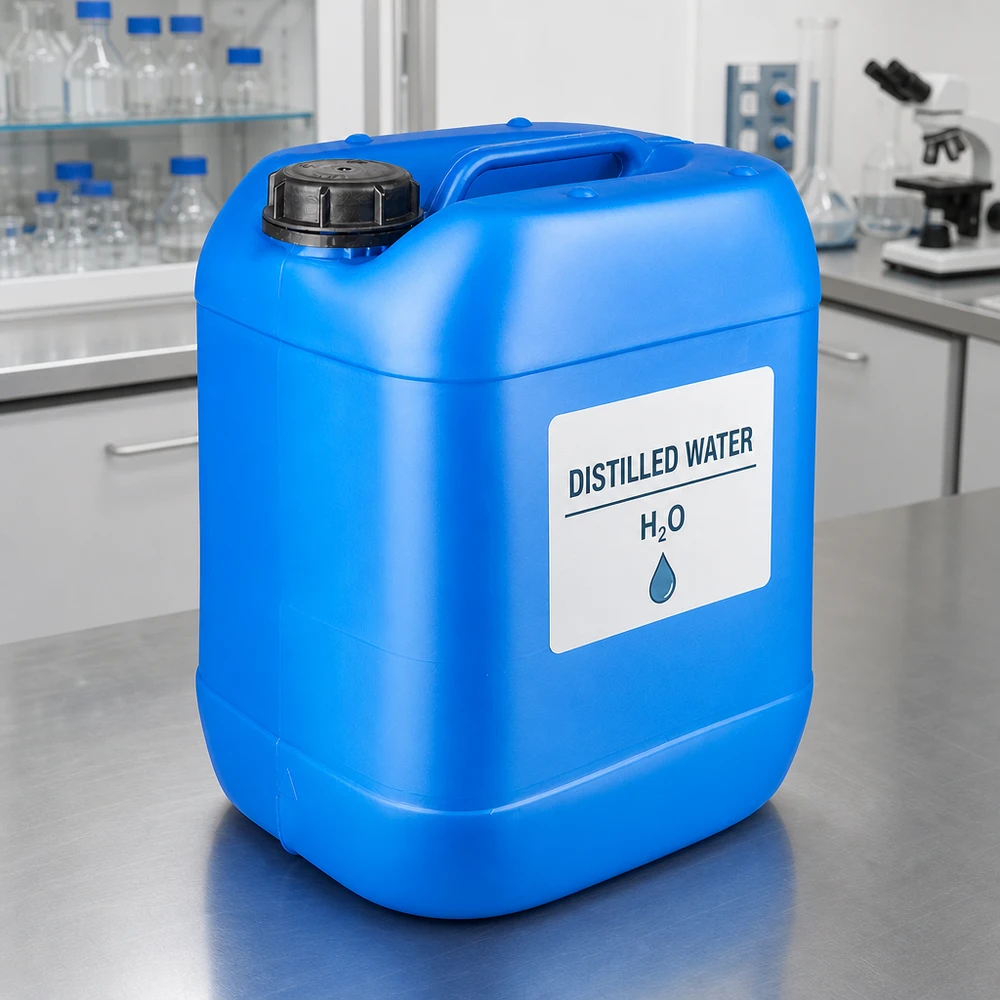 Dunk 20 liter blå med skruvkork, säkerhetsförslutning Destillerat vatten i en blå 20-litersdunk med OV-förslutning i laboratoriet