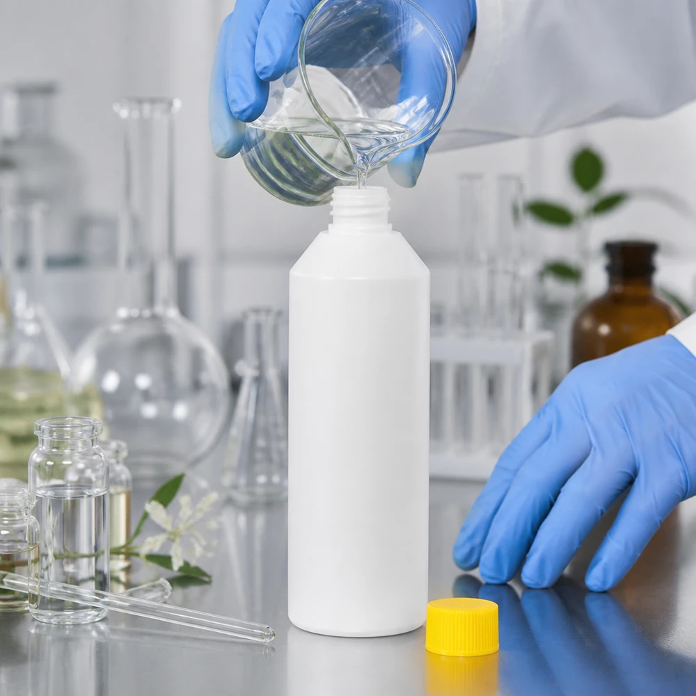 Laboratorietekniker fyller en 250 ml vit HDPE-apotekflaska med ett gult barnsäkert lock