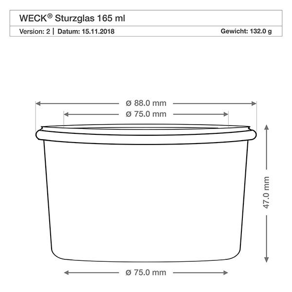 Set med 24 Weck-glas, 165 ml. Teknisk måttritning WECK 165ml RR80 tumlare med måtten diameter 88mm höjd 47mm vikt 132g