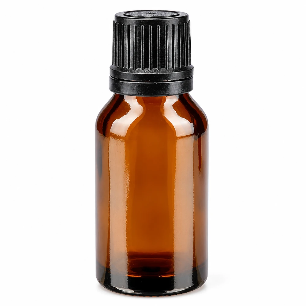 Brun apotekskaraff på 15 ml med svart droppkork och 1 mm öppning, tillverkad av brunt glas