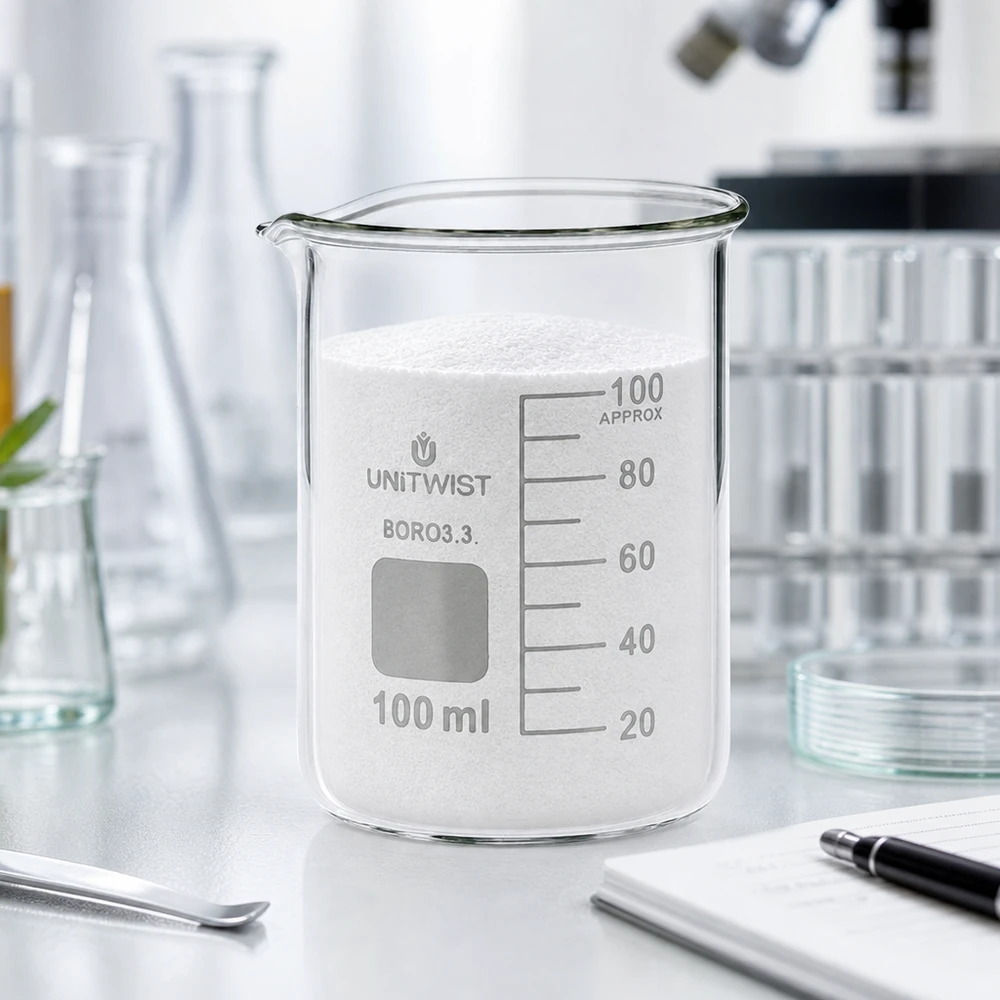 Bägare 100ml borosilikat, lågformad UNiTWIST UNiTWIST-bägare på 100 ml fylld med vitt pulver på en laboratoriebänkskiva