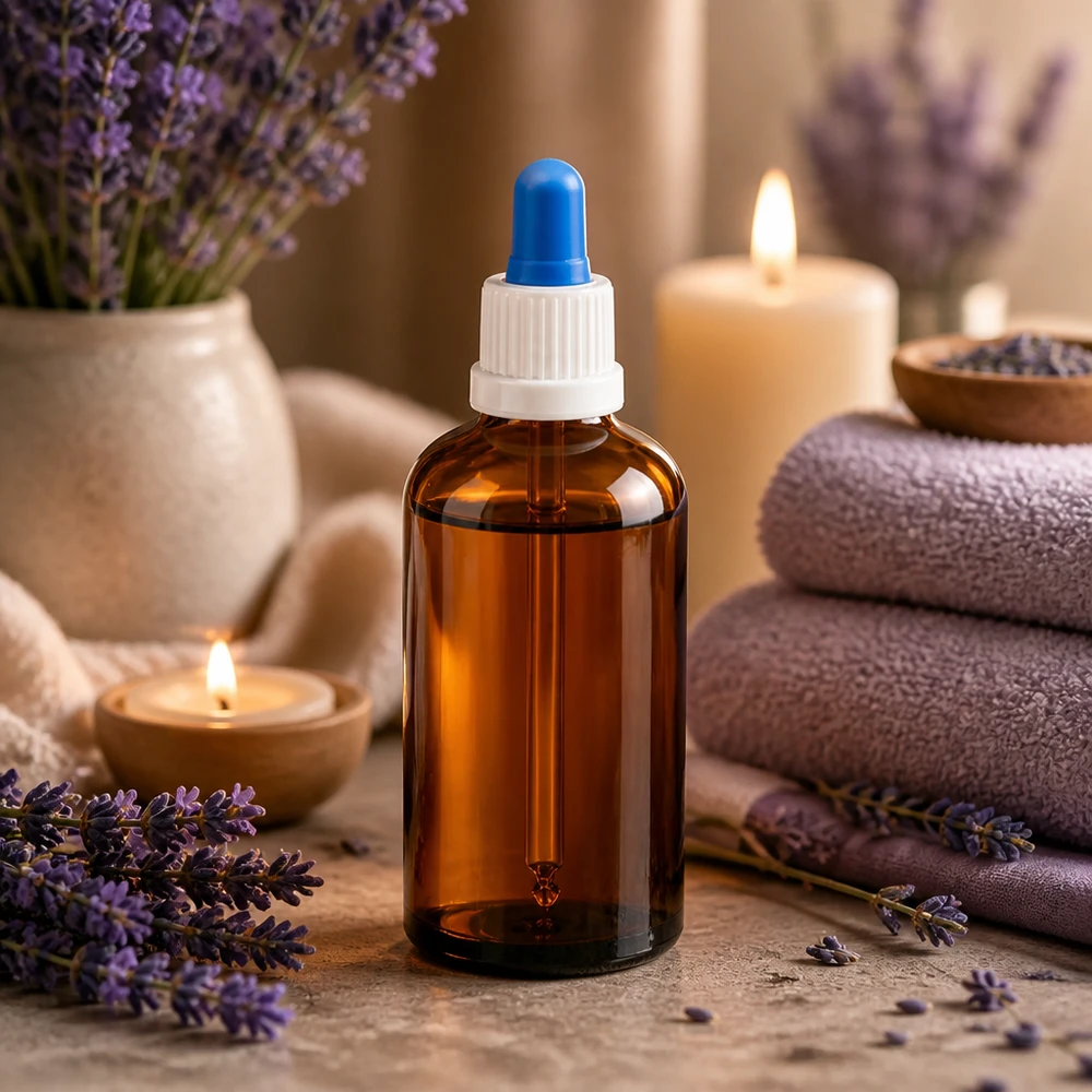 UV-skyddad pipettflaska i glas 100ml brun med vitt lock och blå pipett för aromaterapi