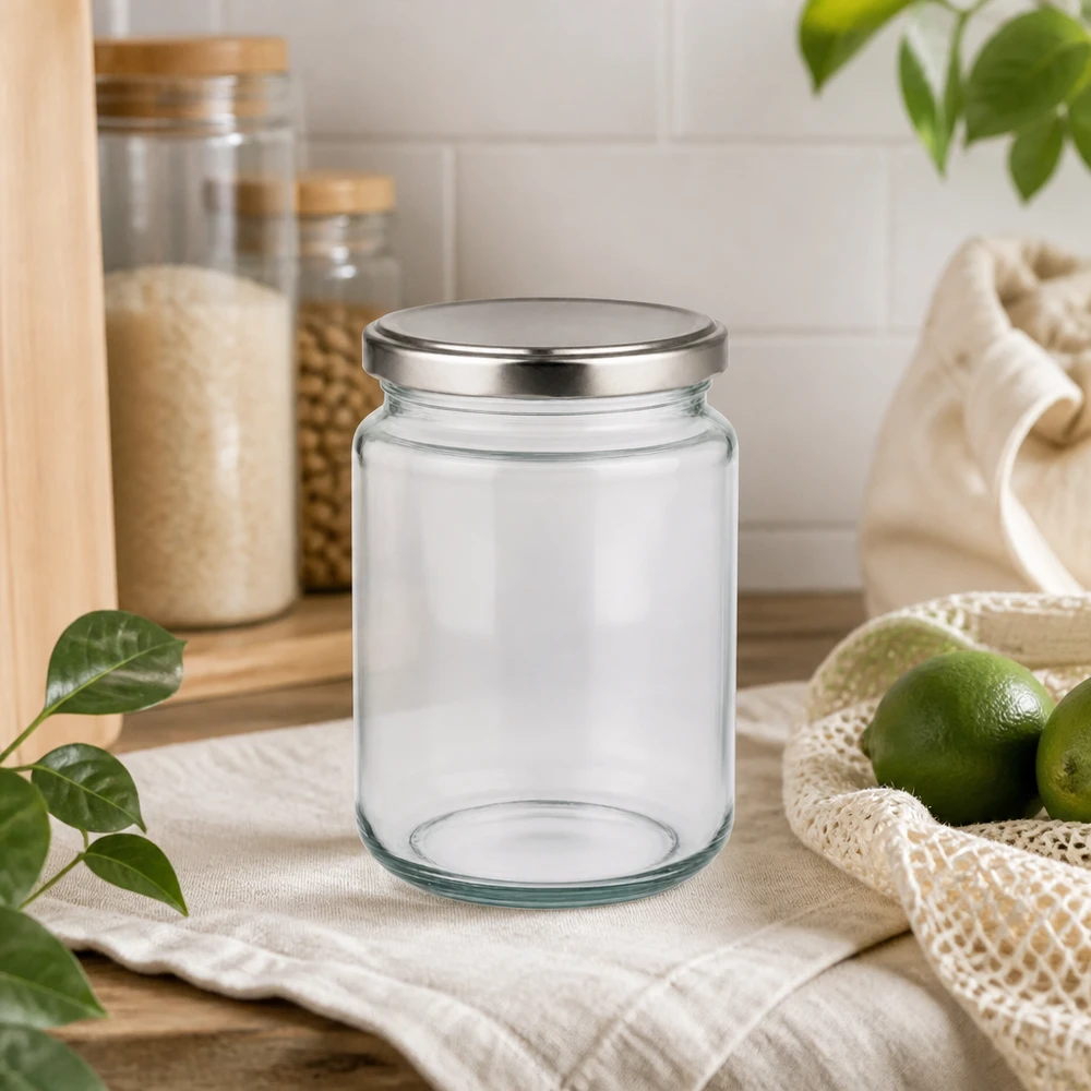 Rund burk 382 ml med lock BasicSeal silver UNiTWIST 382ml Rundglas mit silbernem Deckel in nachhaltiger Küchenumgebung mit Limetten Jutebeutel Glasvorräte Öko-Lifestyle