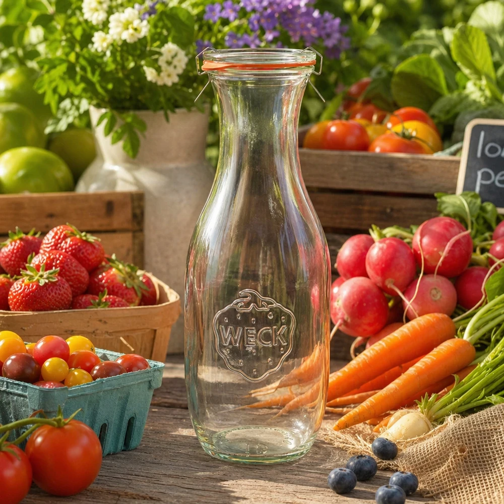 WECK juiceflaska 1062ml RR60 tom mellan färska grönsaker frukt på träbord Farmers Market atmosfär naturlig