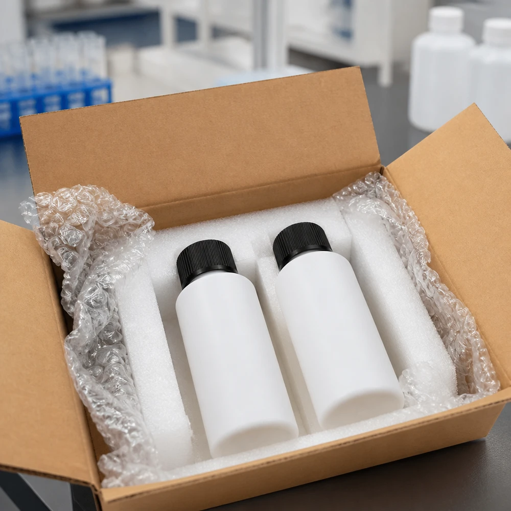 Två vita 30 ml HDPE-apotekflaskor med svarta skruvlock, säkert förpackade i en fraktkartong