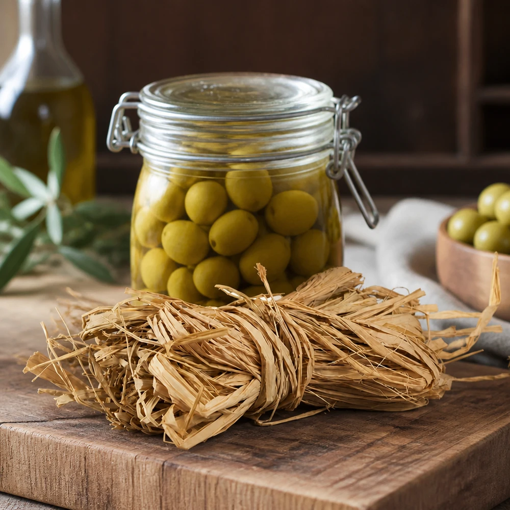 Naturraffia 30g i gyllene beige färg arrangerad på träskiva visar mångsidig användning för dekoration och hantverk