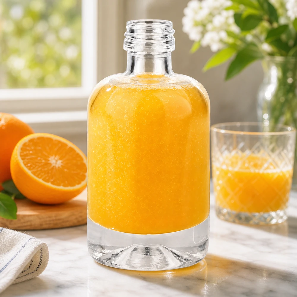 40 ml glasflaska Sara fylld med apelsinjuice visar mångsidighet för drycker och kosmetika utan lock