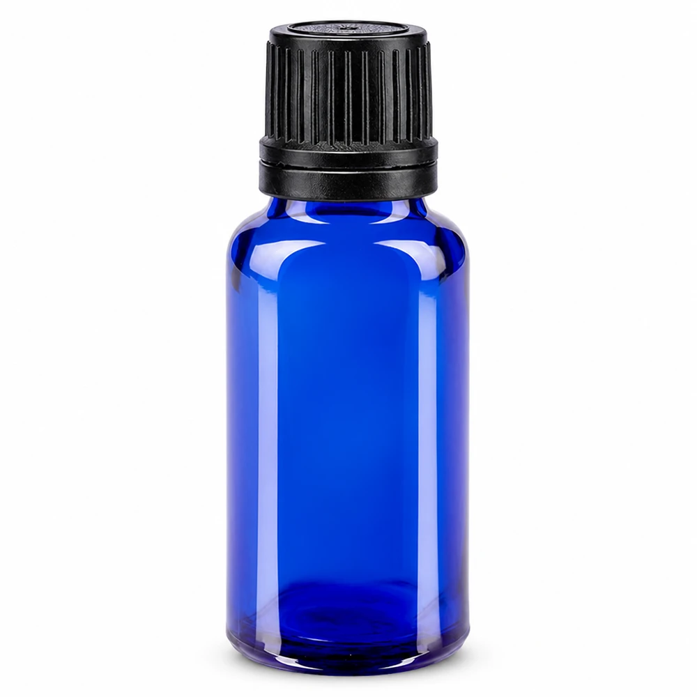 Apoteksflaska blå 20ml droppflaska vit 0,8mm standard 20 ml blå glasflaska med svart droppkork, tillverkad av högkvalitativt ApoGlas för eteriska oljor