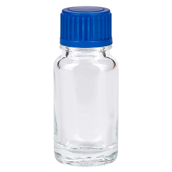 10ml flaska 11mm skruvkork blå standard ClearLine UT18/10 10 ml glasflaska med blå skruvkork, ClearLine UT18/10, för farmaceutiska tillämpningar