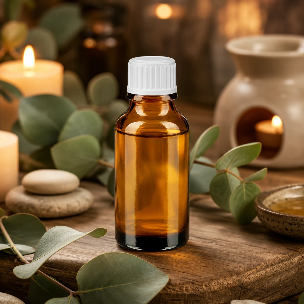 Apoteksflaska brun 20ml skruvlock vit standard Liten brun glasflaska på 20 ml med vitt barnsäkert lock för eteriska oljor