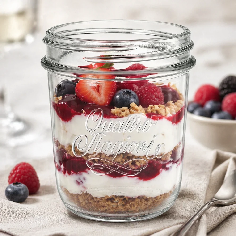 320 ml "Quattro Stagioni" Krossade glasögon QS86mm Quattro Stagioni murarburk 320ml fylld med bärlager dessert QS86mm skruvlock murarburk